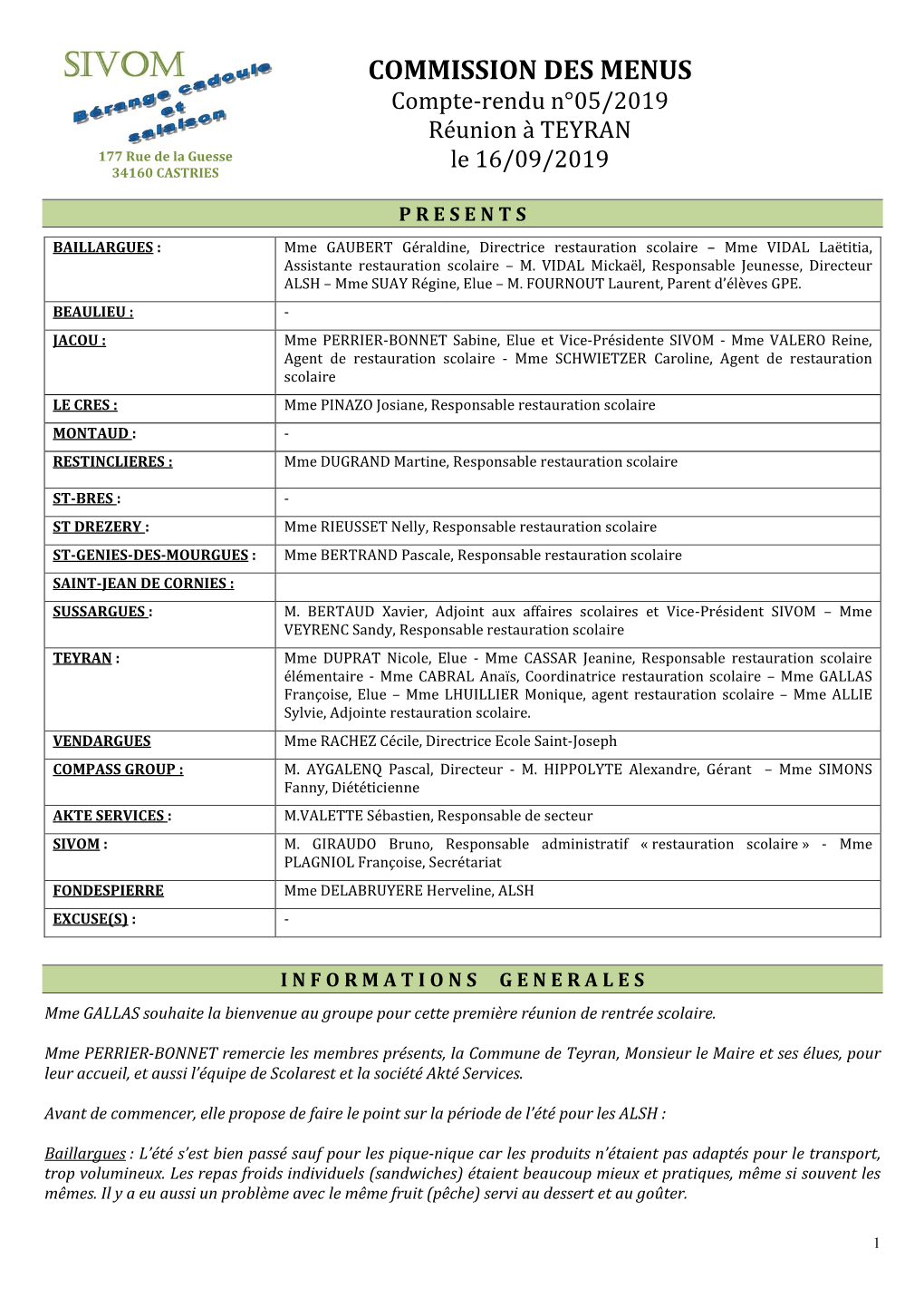 COMMISSION DES MENUS Compte-Rendu N°05/2019 Réunion À TEYRAN