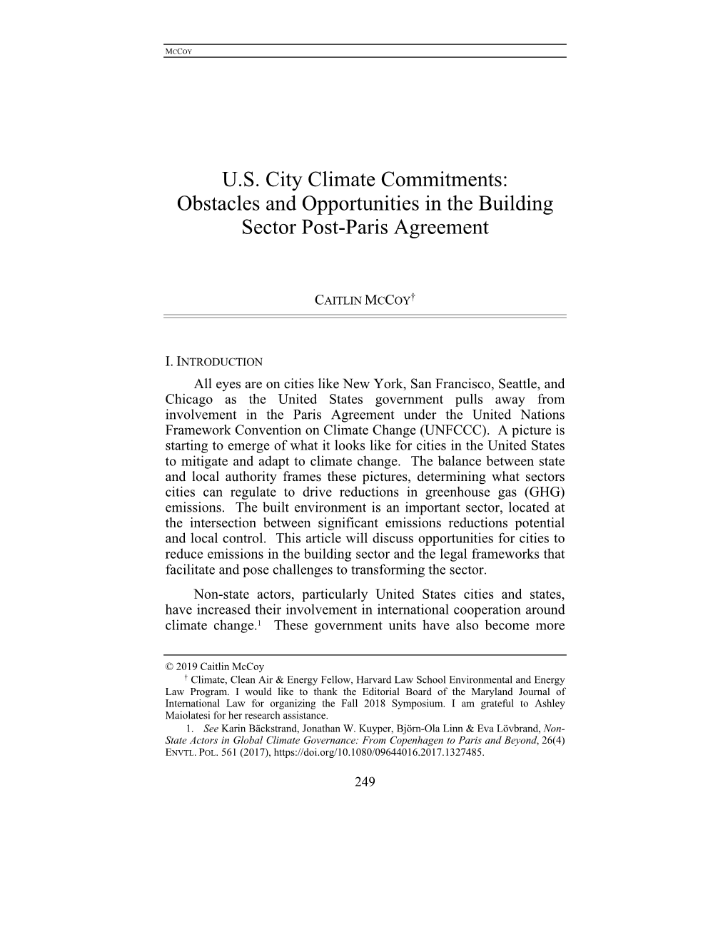 U.S. City Climate Commitments: Obstacles and Opportunities in the Building Sector Post-Paris Agreement