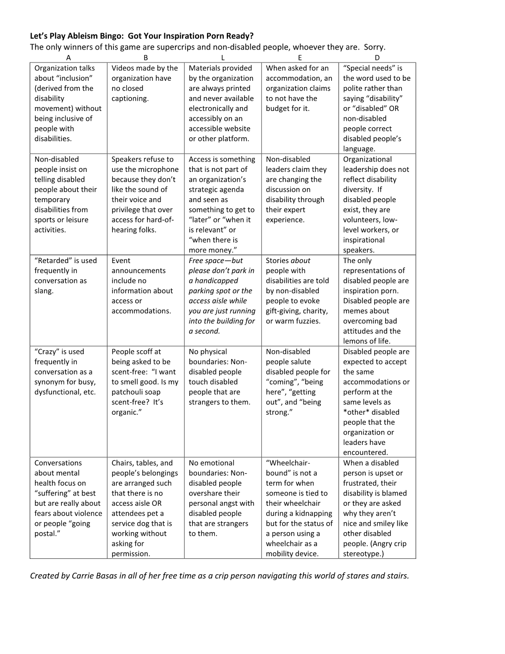 Let's Play Ableism Bingo: Got Your Inspiration Porn Ready?