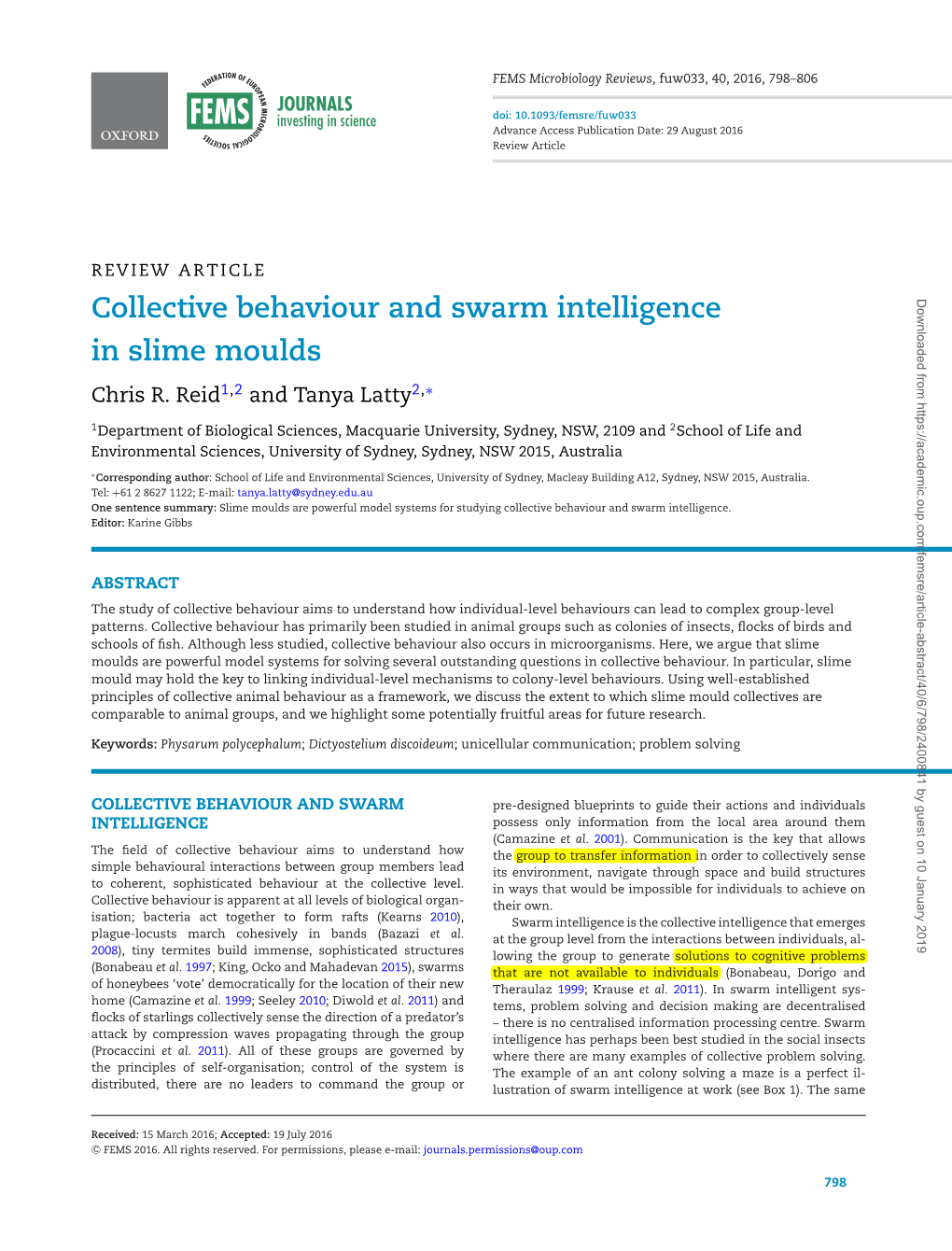 Collective Behaviour and Swarm Intelligence in Slime Moulds