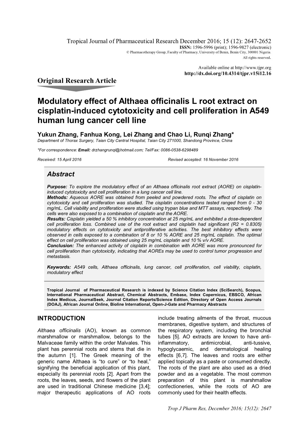 Modulatory Effect of Althaea Officinalis L Root Extract on Cisplatin-Induced Cytotoxicity and Cell Proliferation in A549 Human Lung Cancer Cell Line