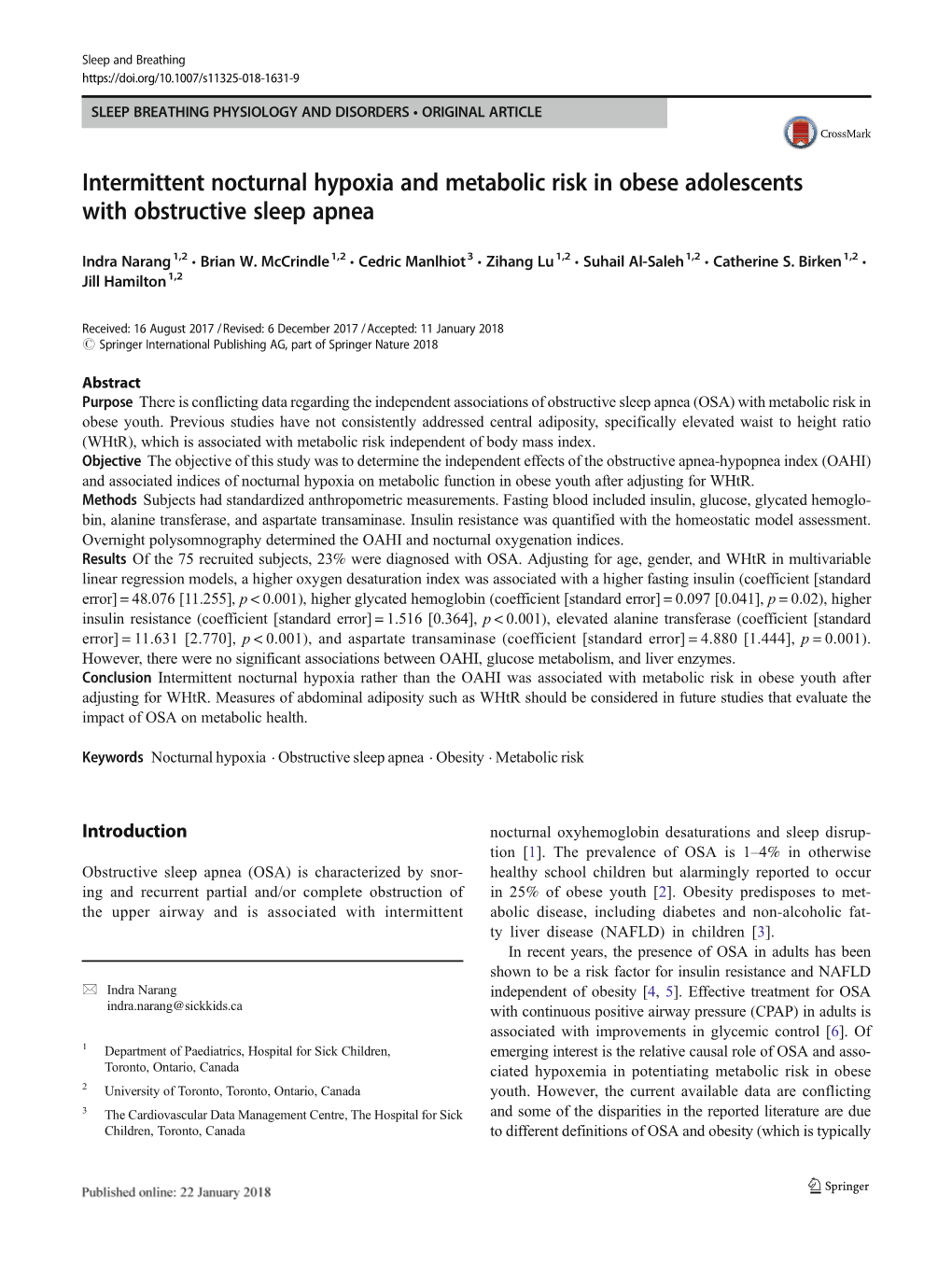 Intermittent Nocturnal Hypoxia and Metabolic Risk in Obese Adolescents with Obstructive Sleep Apnea