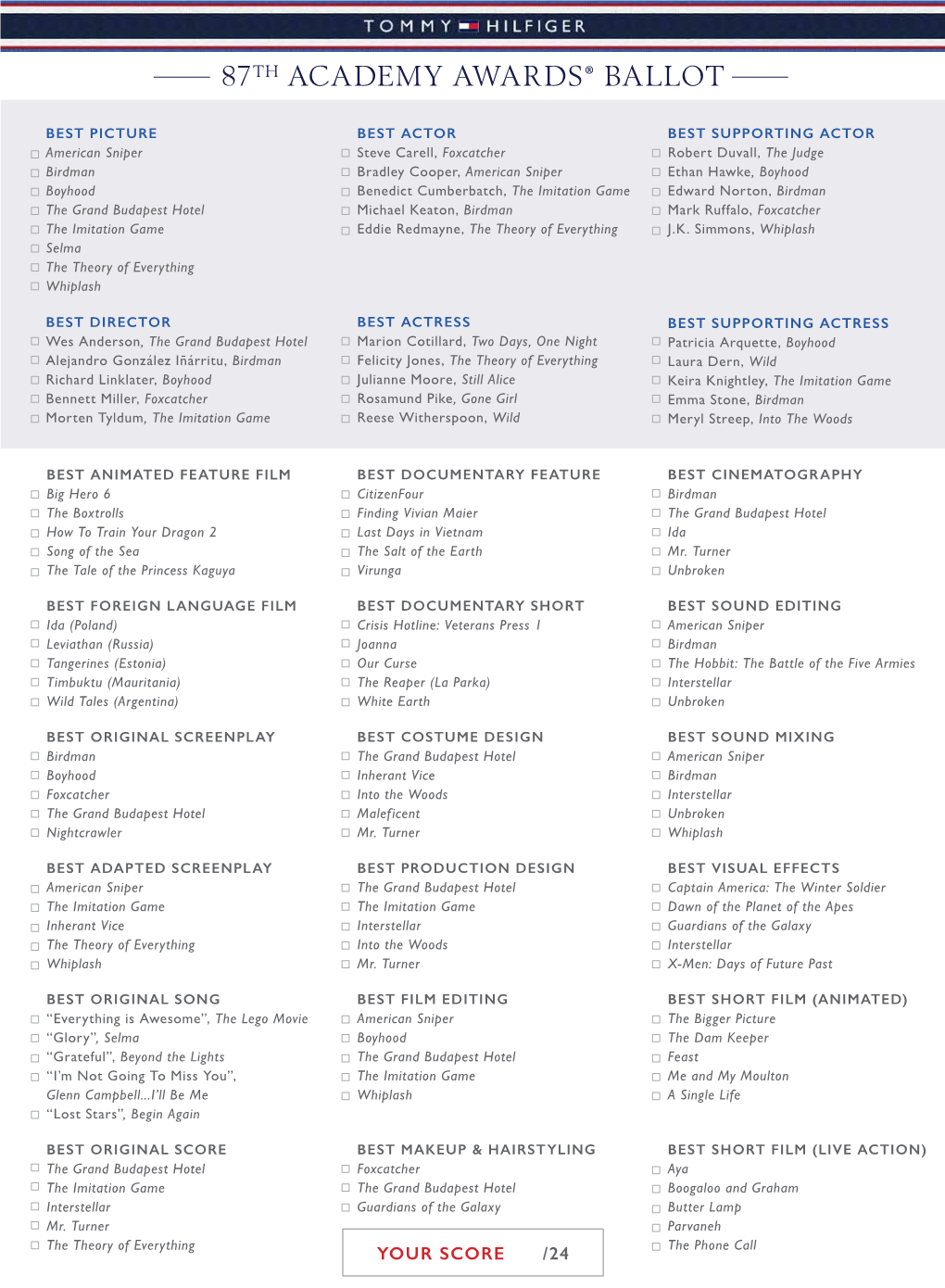 87Th Academy Awards® BALLOT