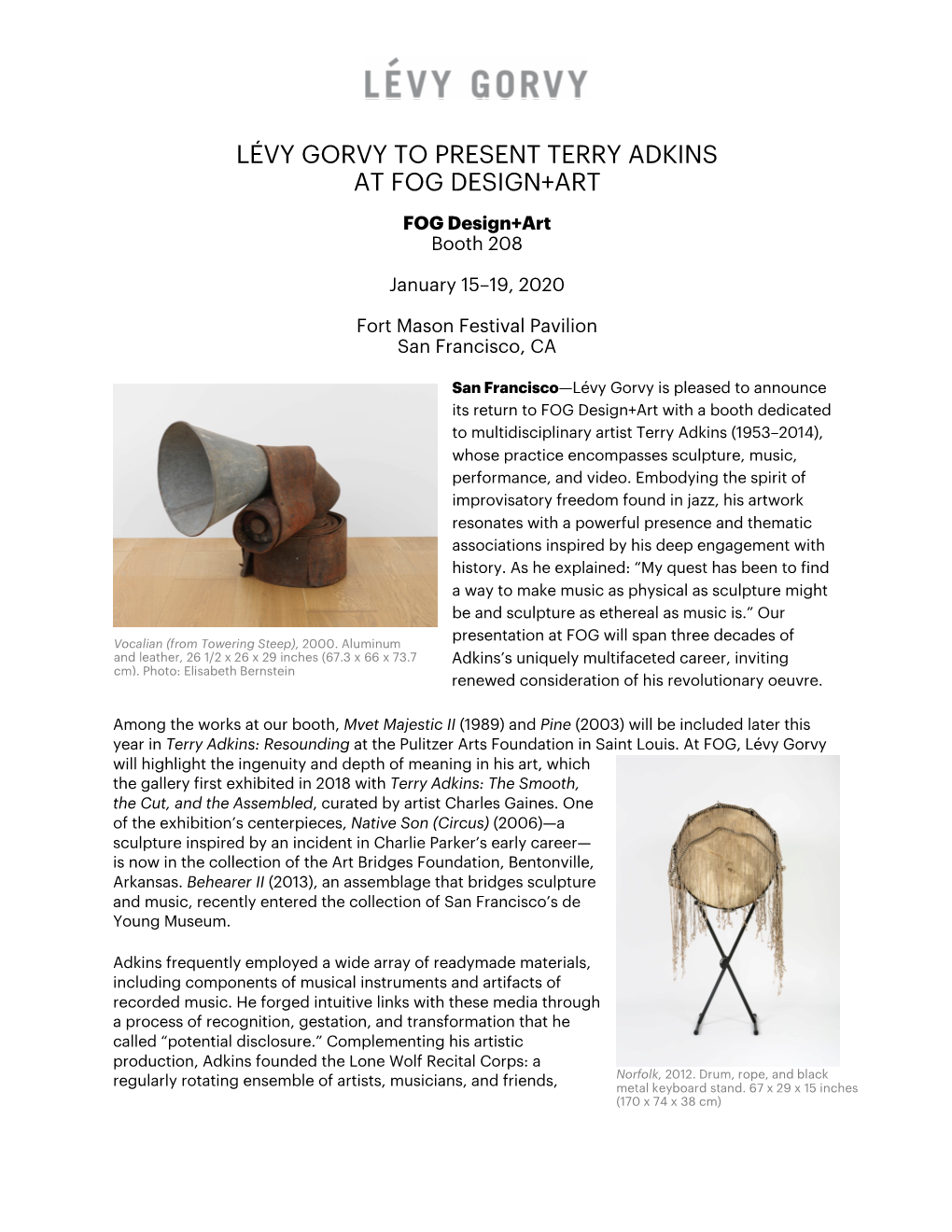 Lévy Gorvy to Present Terry Adkins at Fog Design+Art