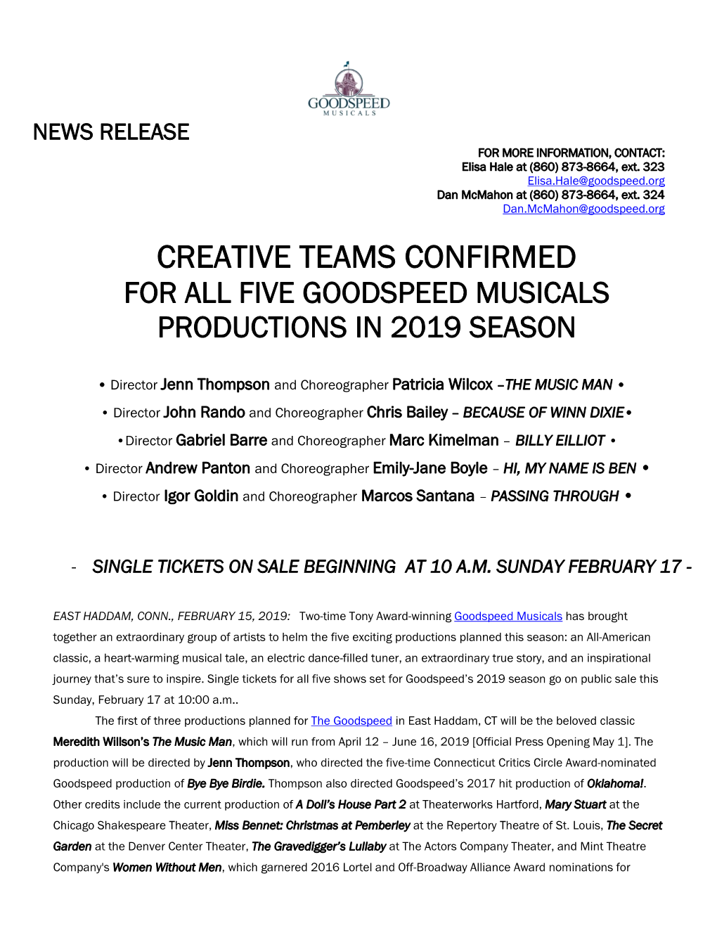 Creative Teams Confirmed for All Five Goodspeed Musicals Productions in 2019 Season