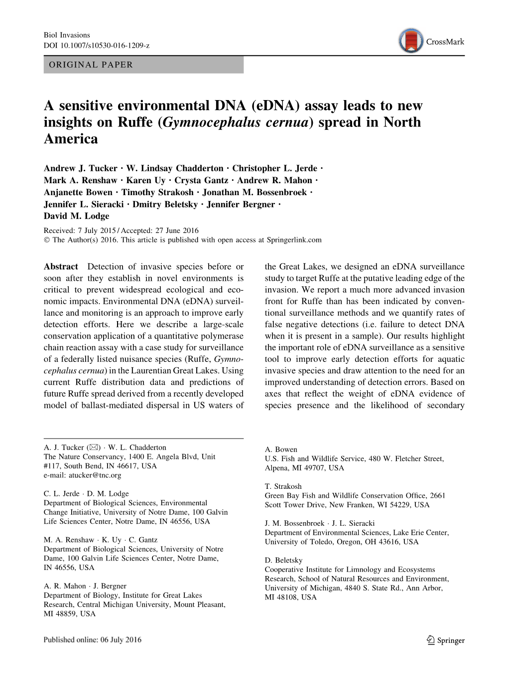 A Sensitive Environmental DNA (Edna) Assay Leads to New Insights on Ruffe (Gymnocephalus Cernua) Spread in North America