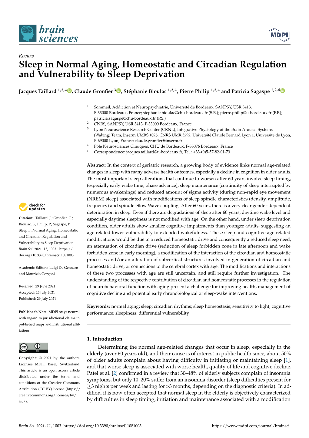 Sleep in Normal Aging, Homeostatic and Circadian Regulation and Vulnerability to Sleep Deprivation