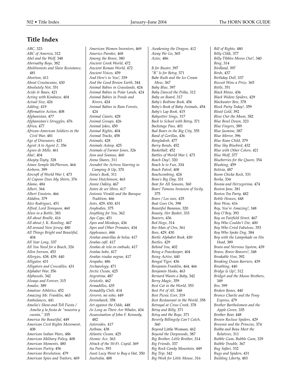 Title Index January–June 2004 the HORN BOOK GUIDE