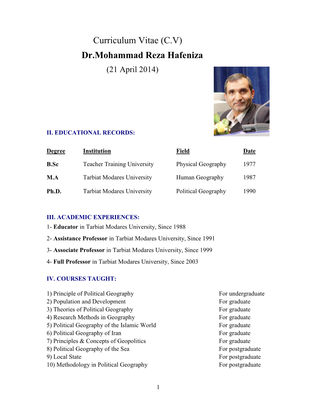 Curriculum Vitae (CV) Dr.Mohammad Reza Hafeniza