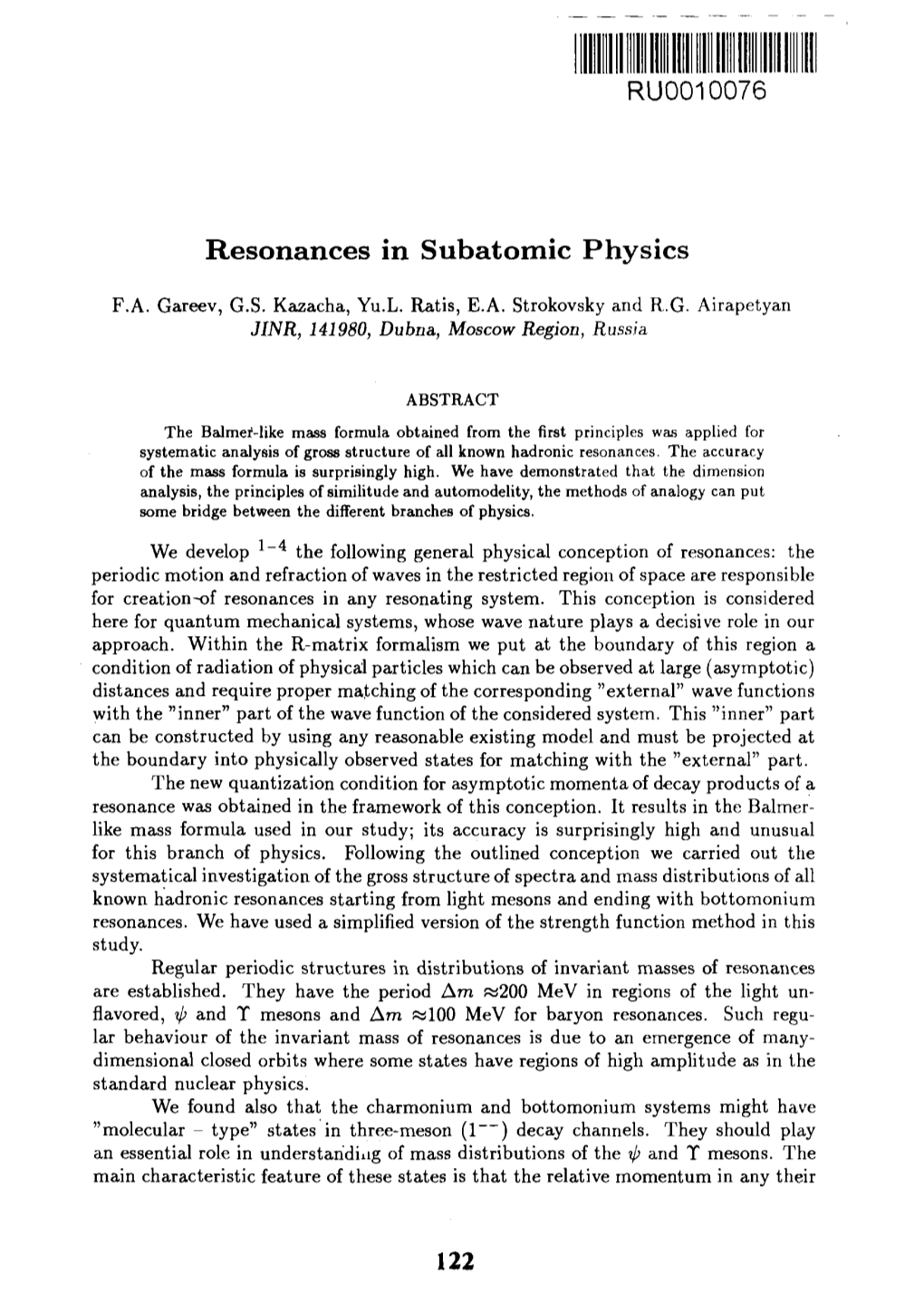 Resonances in Subatomic Physics