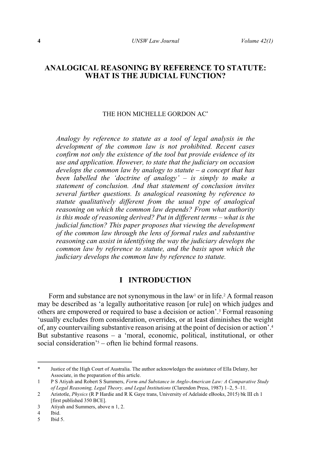 Analogical Reasoning by Reference to Statute: What Is the Judicial Function? I Introduction