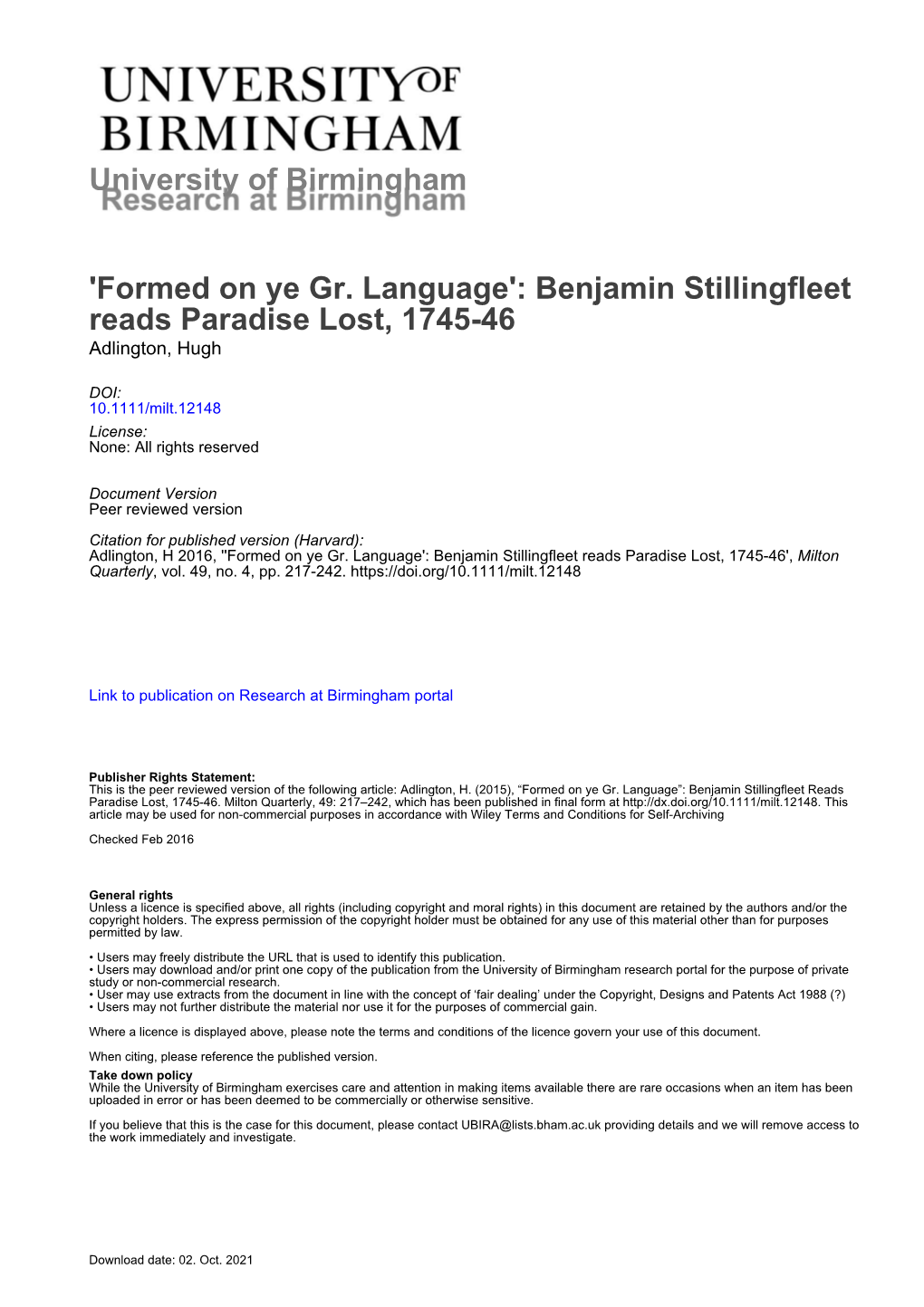 'Formed on Ye Gr. Language': Benjamin Stillingfleet Reads Paradise Lost, 1745-46 Adlington, Hugh