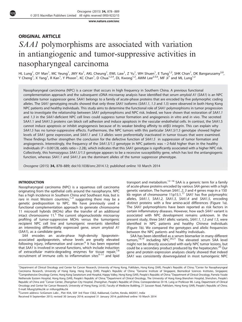 SAA1 Polymorphisms Are Associated with Variation in Antiangiogenic and Tumor-Suppressive Activities in Nasopharyngeal Carcinoma