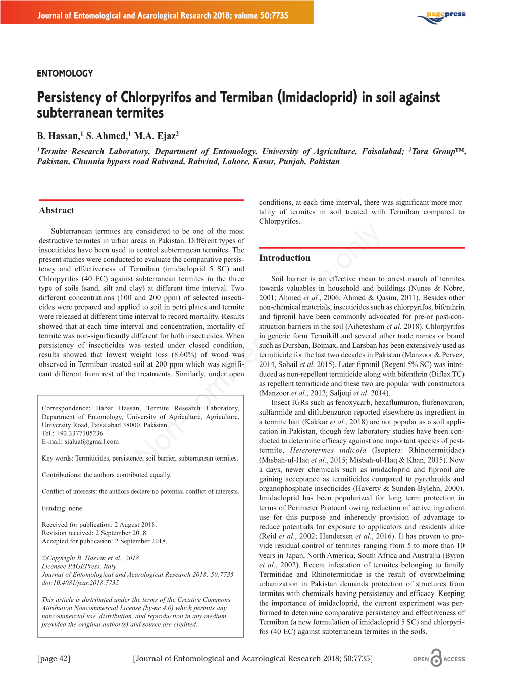 Persistency of Chlorpyrifos and Termiban (Imidacloprid) in Soil Against Subterranean Termites