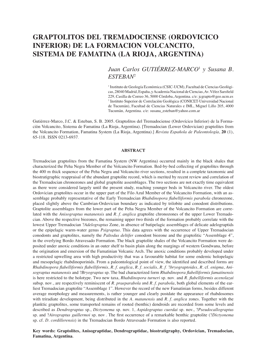 Graptolitos Del Tremadociense (Ordovícico Inferior) De La Formación Volcancito, Sistema De Famatina (La Rioja, Argentina)