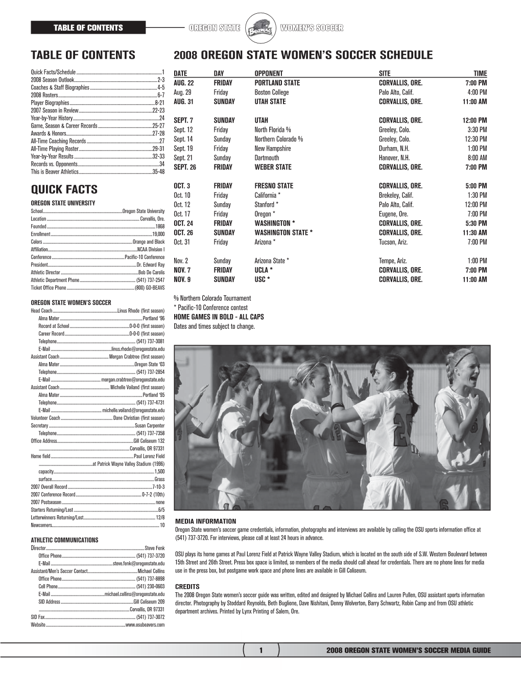 Table of Contents Quick Facts 2008 Oregon State Women's