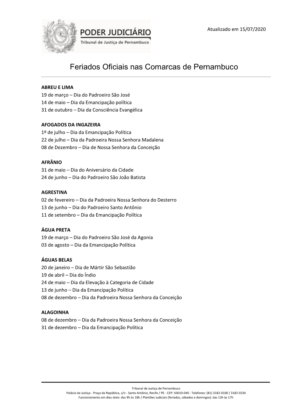 Feriados Oficiais Nas Comarcas De Pernambuco