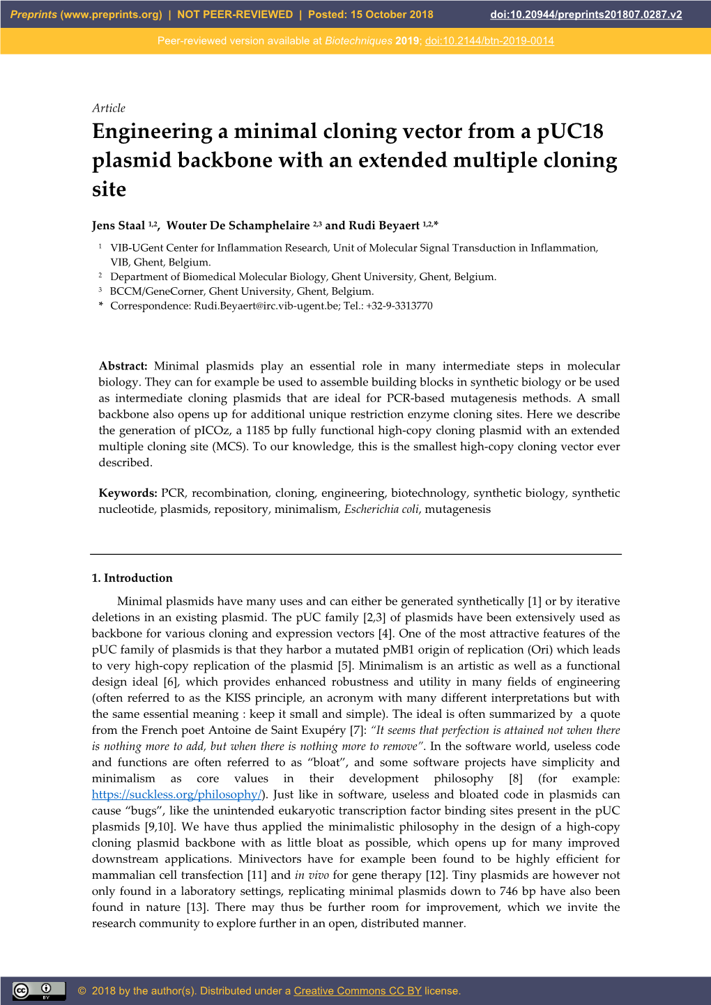 Engineering a Minimal Cloning Vector from a Puc18 Plasmid Backbone with an Extended Multiple Cloning Site