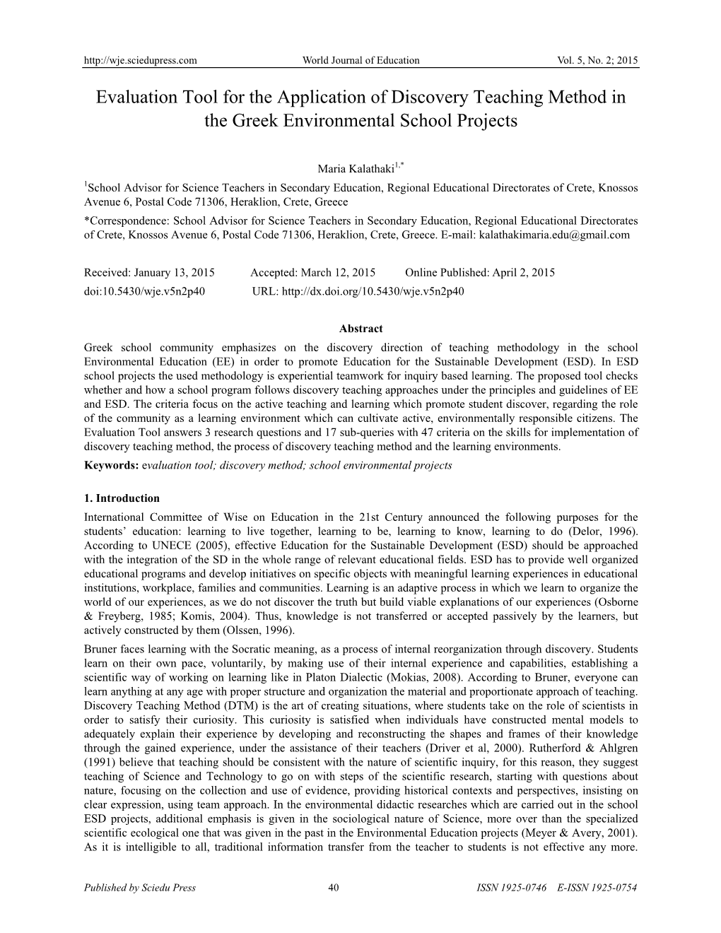 Evaluation Tool for the Application of Discovery Teaching Method in the Greek Environmental School Projects