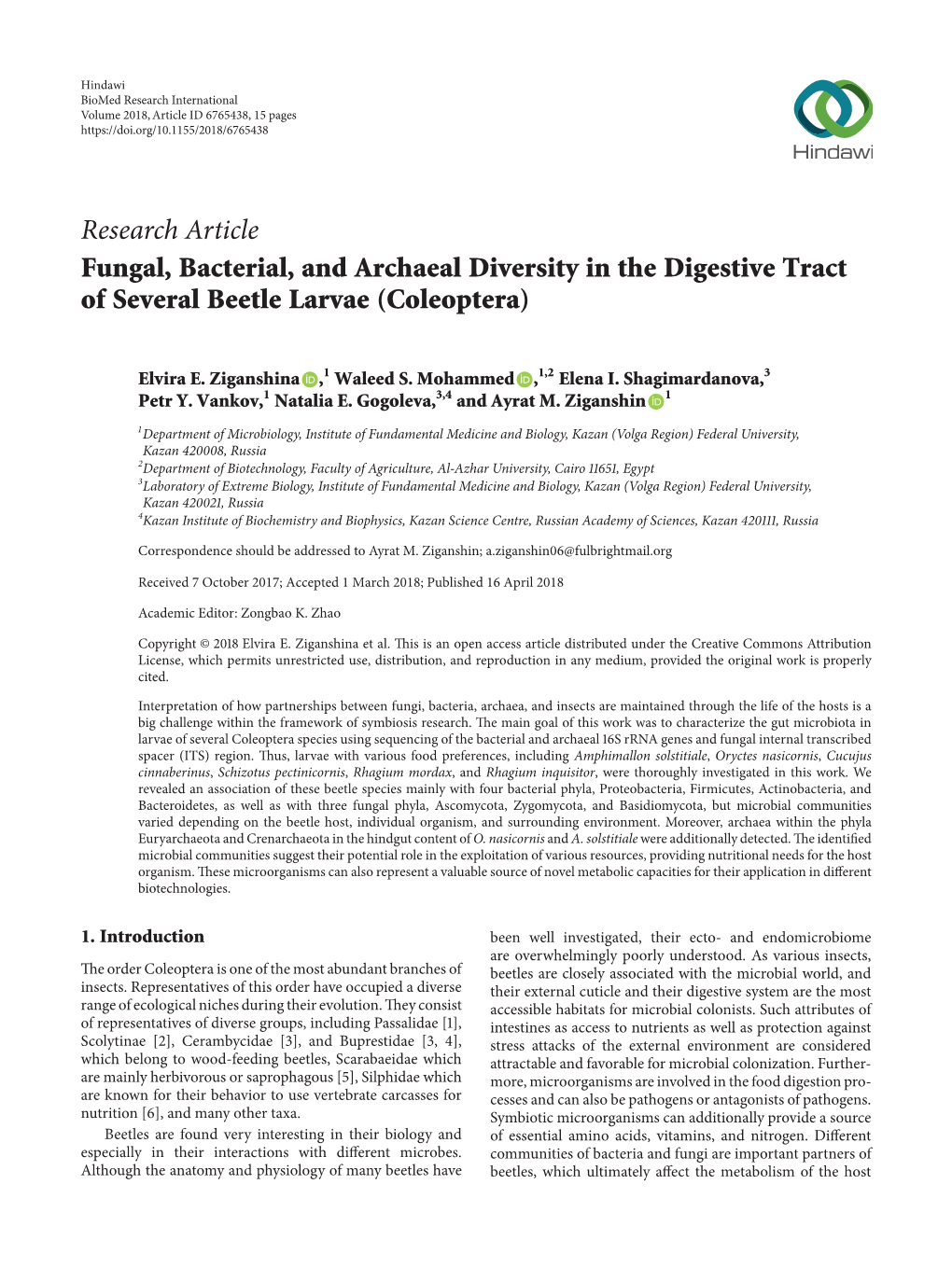 Fungal, Bacterial, and Archaeal Diversity in the Digestive Tract of Several Beetle Larvae (Coleoptera)