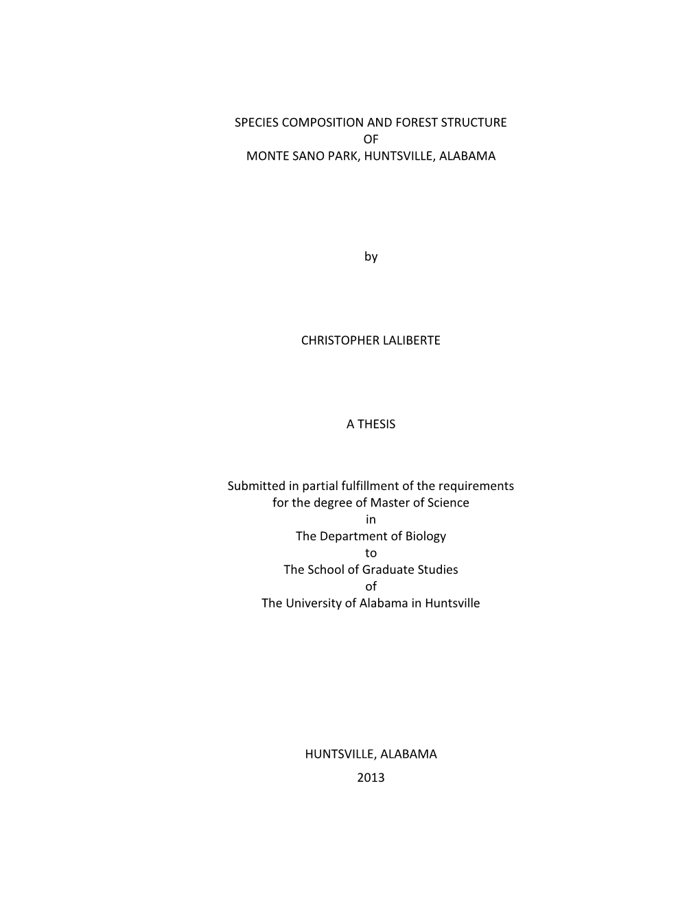 Species Composition and Forest Structure of Monte Sano Park, Huntsville, Alabama