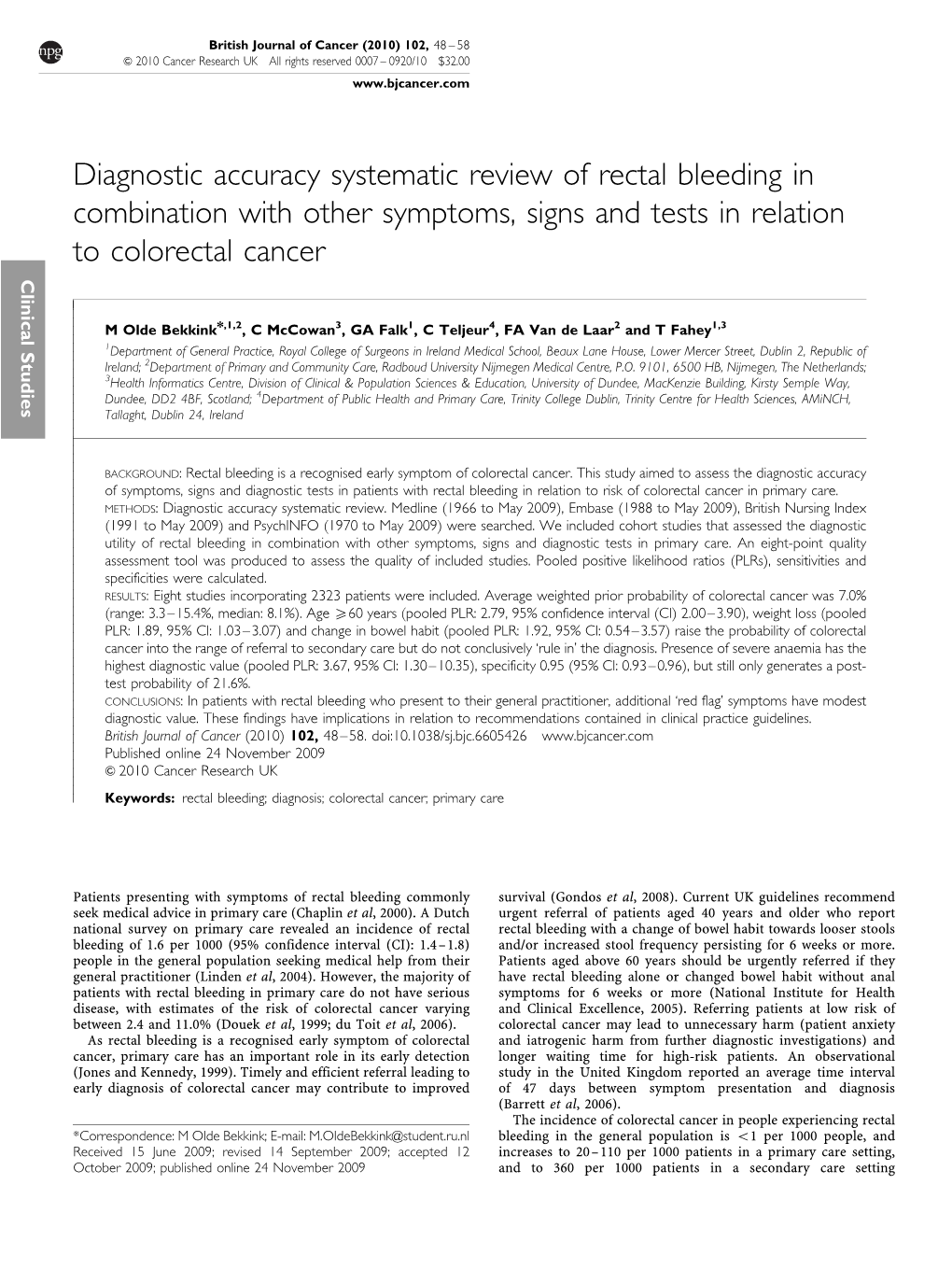 Diagnostic Accuracy Systematic Review of Rectal Bleeding in Combination with Other Symptoms, Signs and Tests in Relation to Colorectal Cancer Lnclstudies Clinical