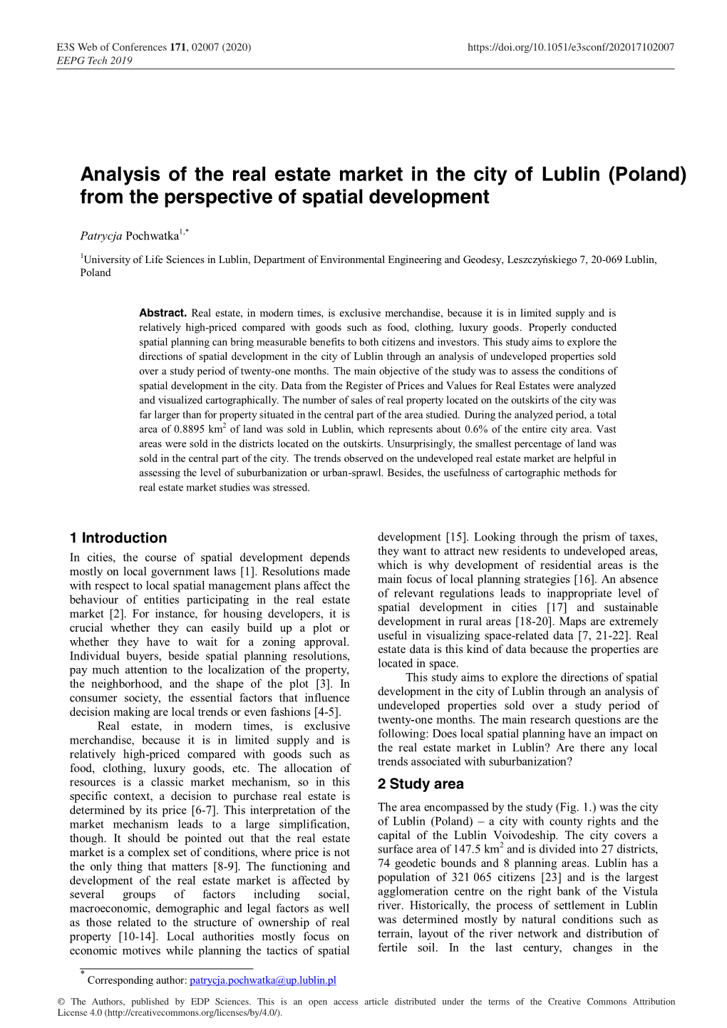 Analysis of the Real Estate Market in the City of Lublin (Poland) from the Perspective of Spatial Development