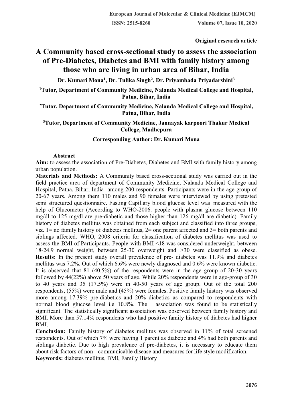 A Community Based Cross-Sectional Study to Assess the Association Of