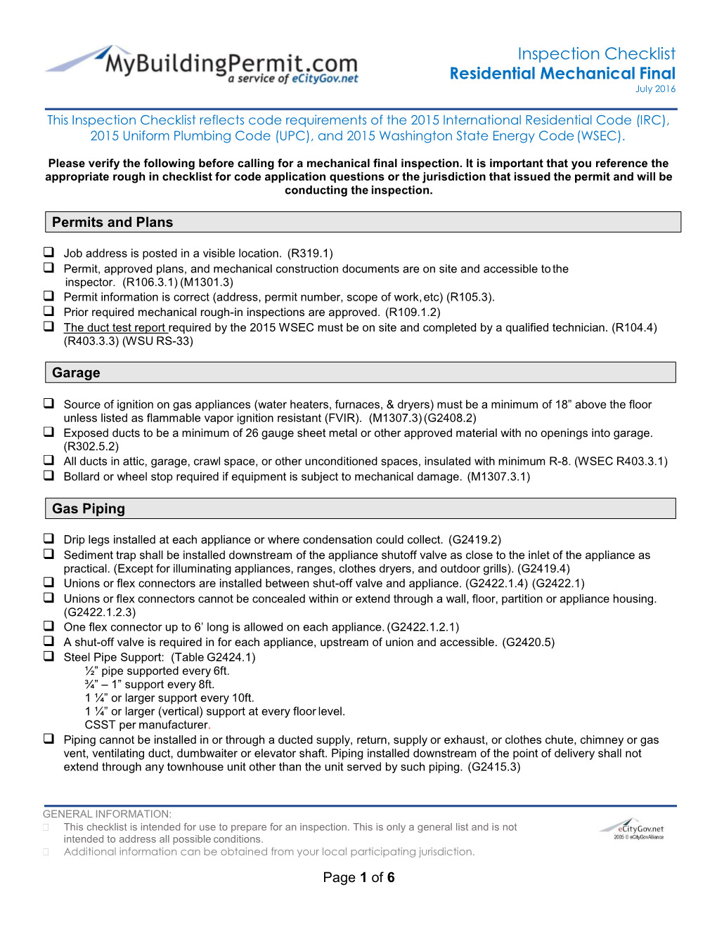 2015 IRC Mechanical Final Checklist