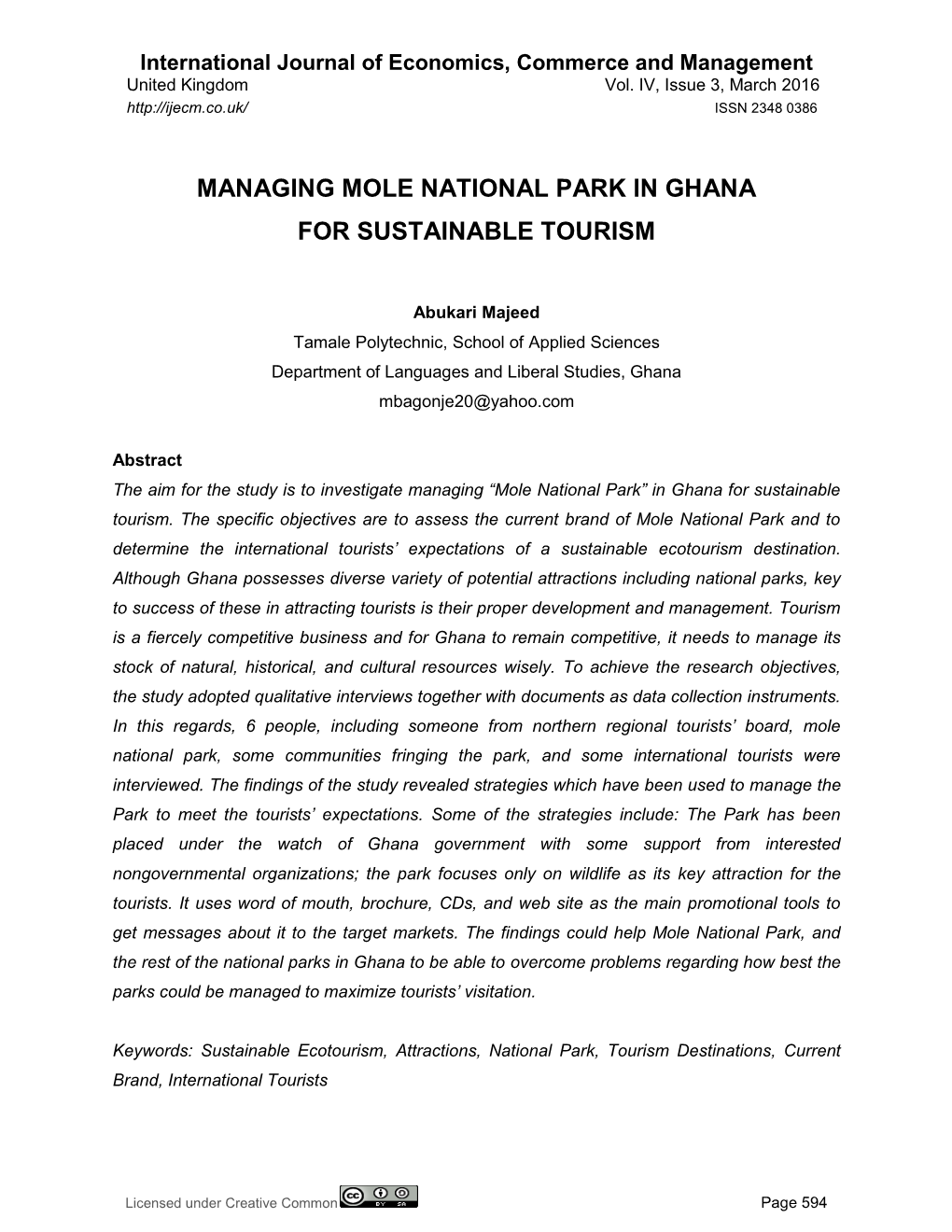 Managing Mole National Park in Ghana for Sustainable Tourism