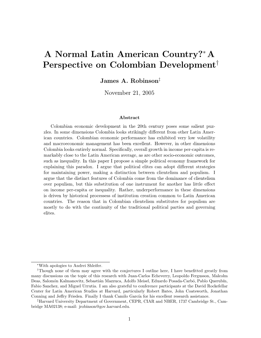 A Normal Latin American Country? a Perspective on Colombian