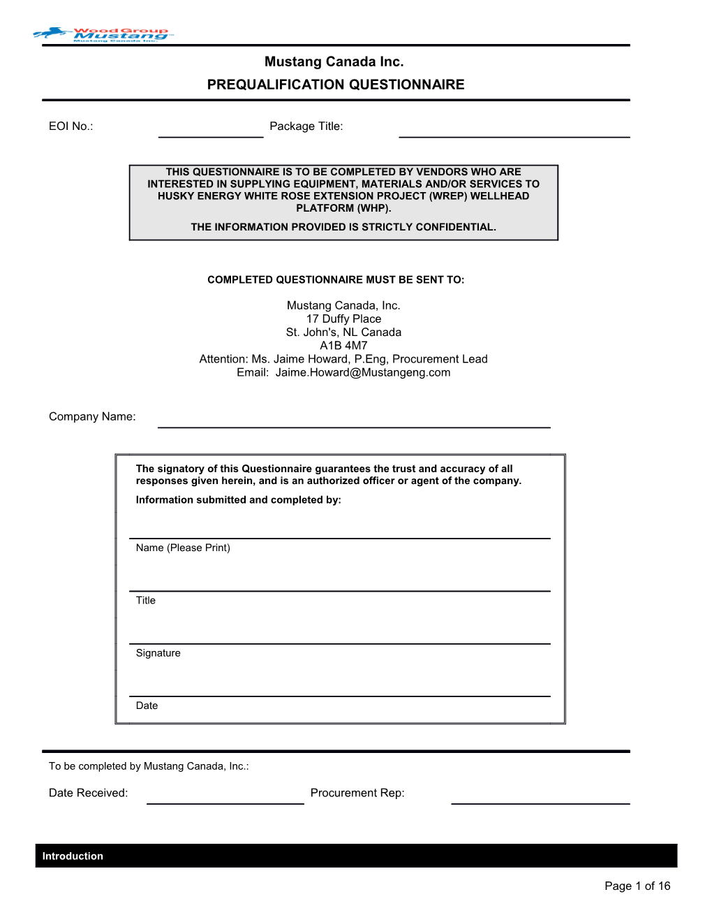 EOI-101414-102-Mustang Canada Inc. Supplier Pre-Qualification Questionnaire (DRILLING)