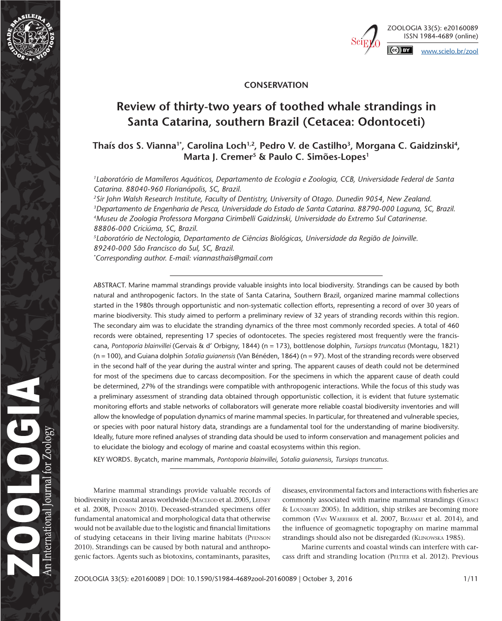 Review of Thirty-Two Years of Toothed Whale Strandings in Santa Catarina, Southern Brazil (Cetacea: Odontoceti)