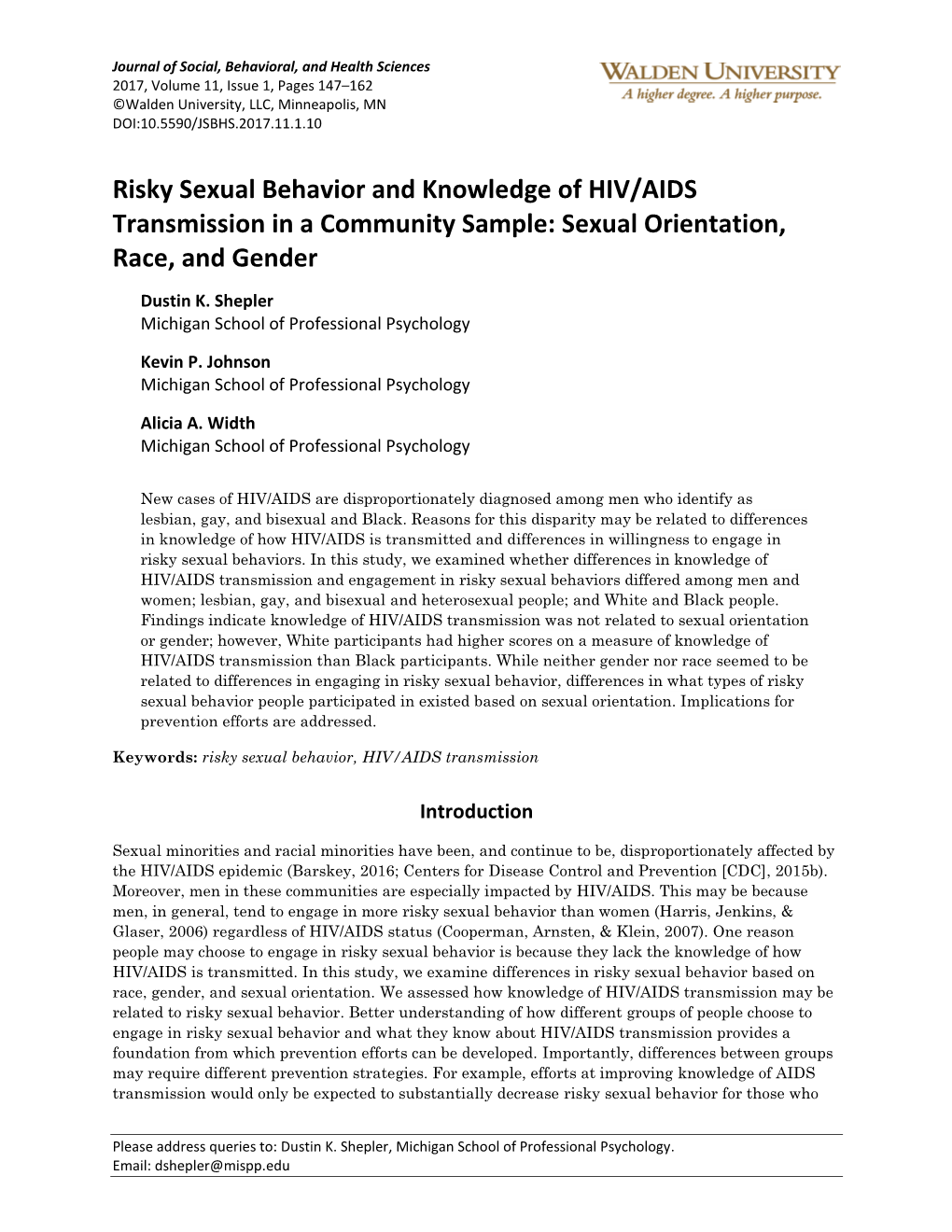 Risky Sexual Behavior and Knowledge of HIV/AIDS Transmission in a Community Sample: Sexual Orientation, Race, and Gender