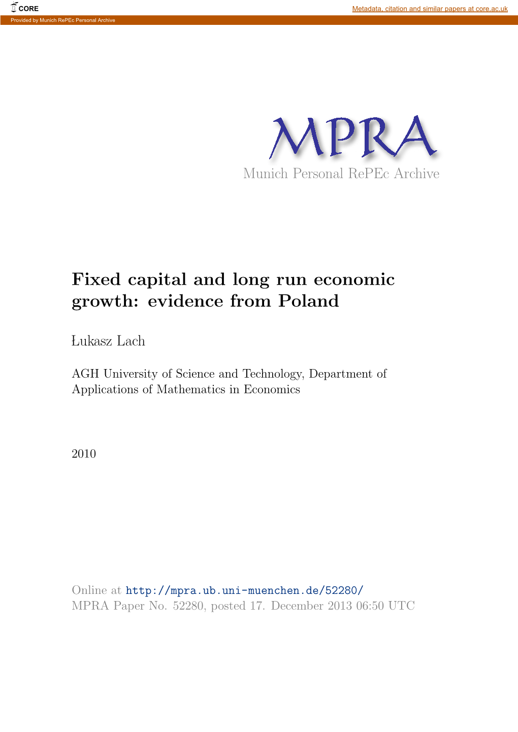 Fixed Capital and Long Run Economic Growth: Evidence from Poland