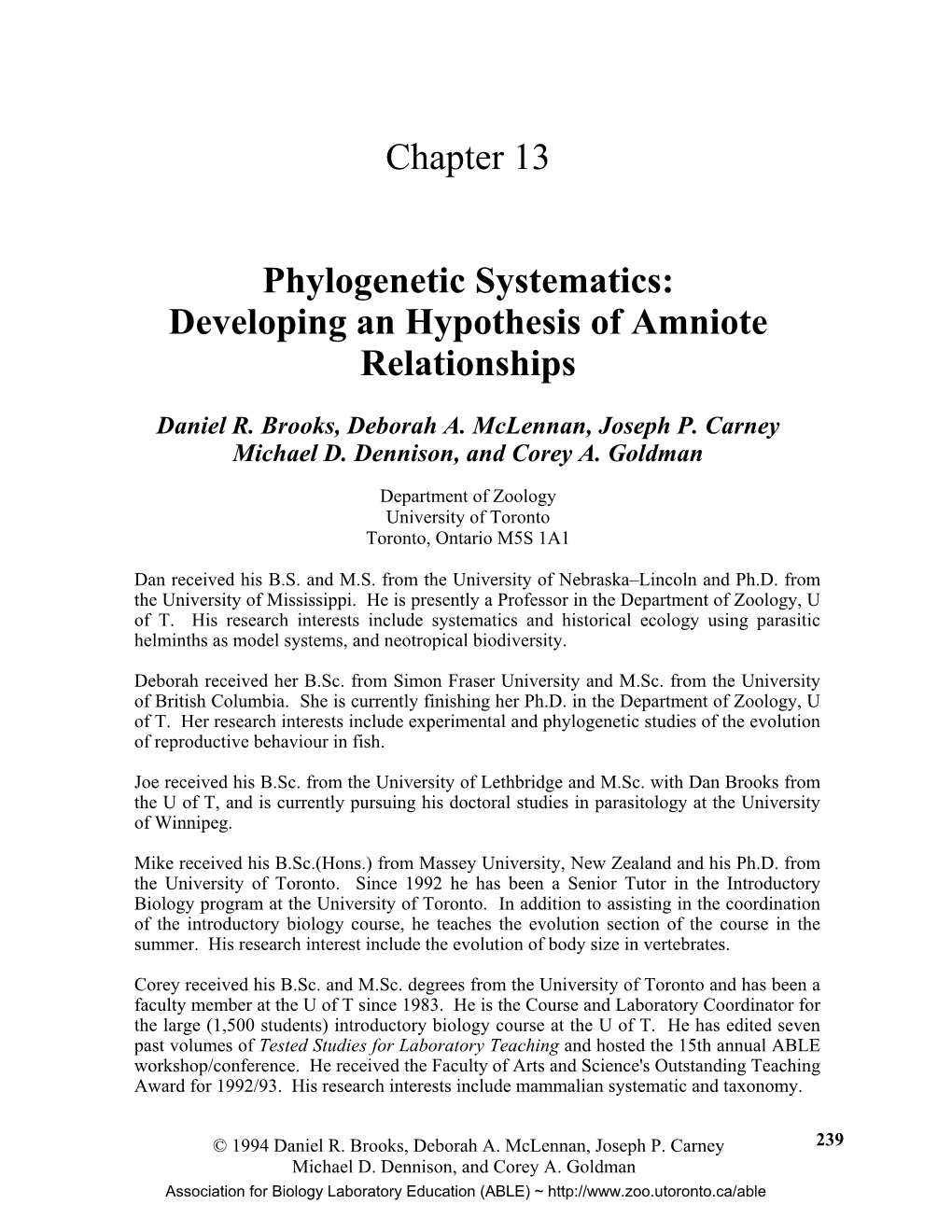 Phylogenetic Systematics: Developing an Hypothesis of Amniote Relationships