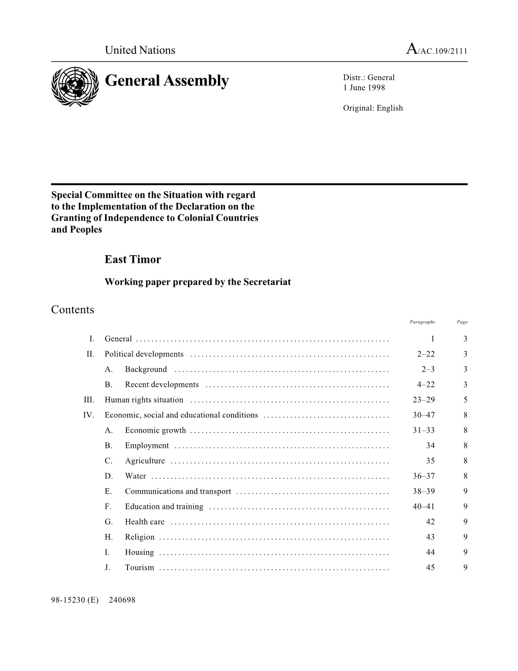 General Assembly 1 June 1998