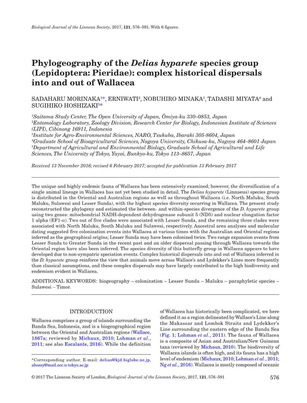 Phylogeography of the Delias Hyparete Species Group (Lepidoptera: Pieridae): Complex Historical Dispersals Into and out of Wallacea