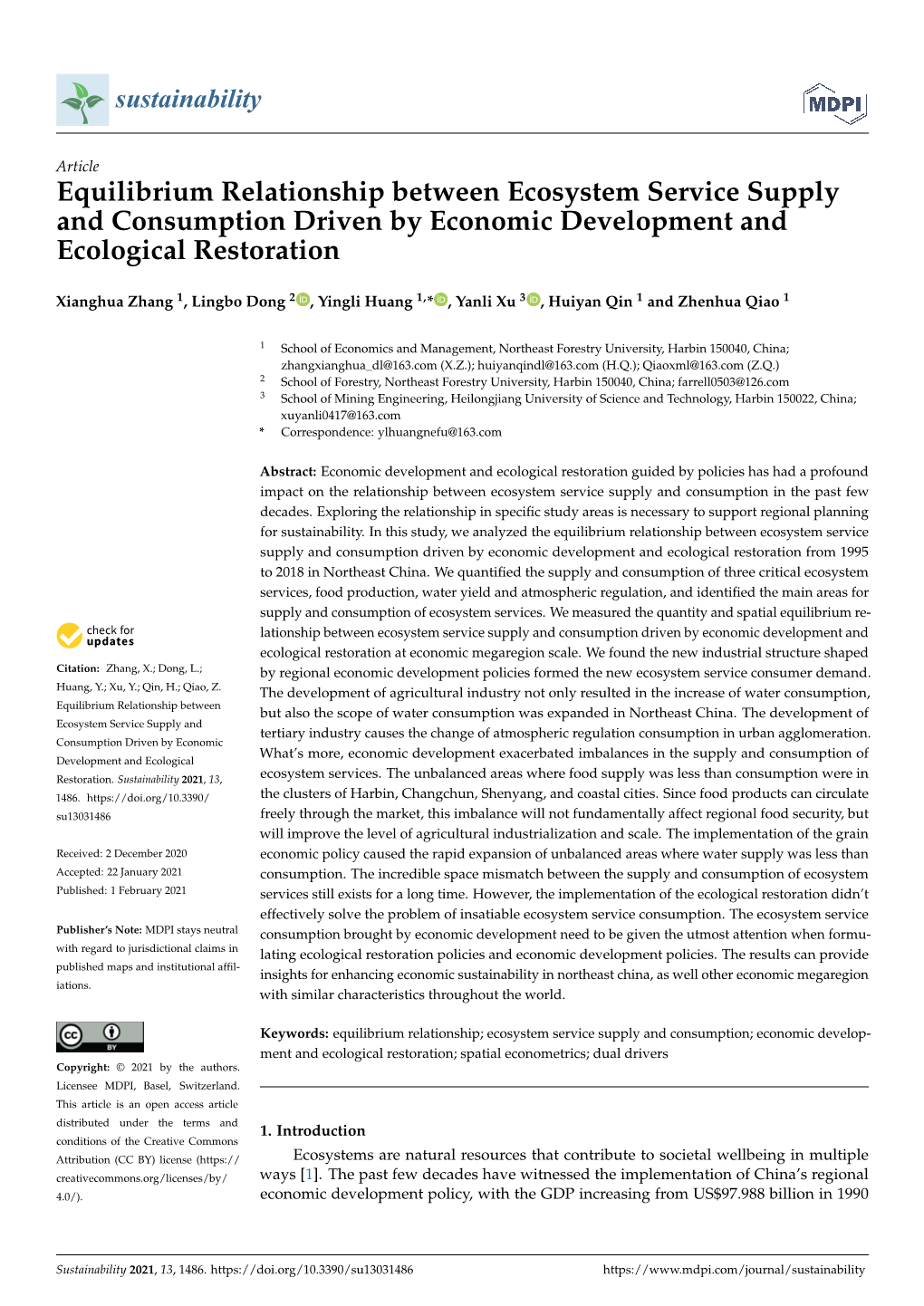 Equilibrium Relationship Between Ecosystem Service Supply and Consumption Driven by Economic Development and Ecological Restoration