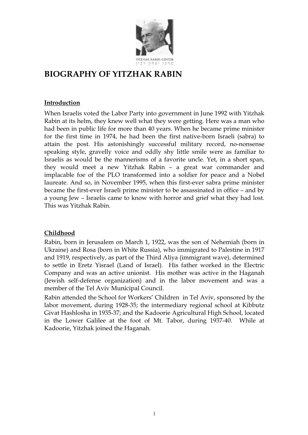 Biography of Yitzhak Rabin