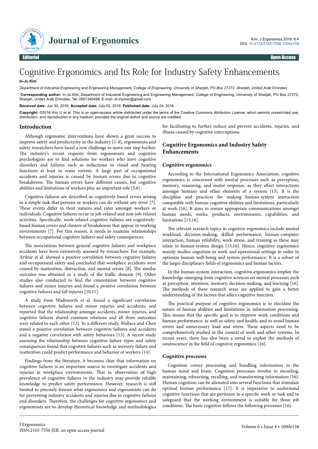 Cognitive Ergonomics and Its Role for Industry Safety Enhancements