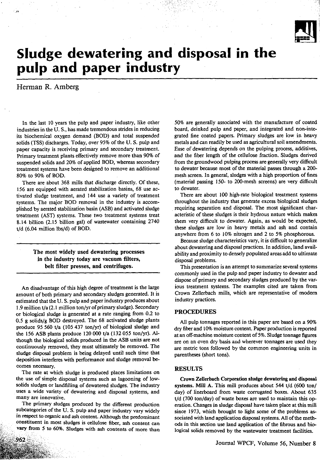 Sludge Dewatering and Disposal in the Pulp and Paper Industrky