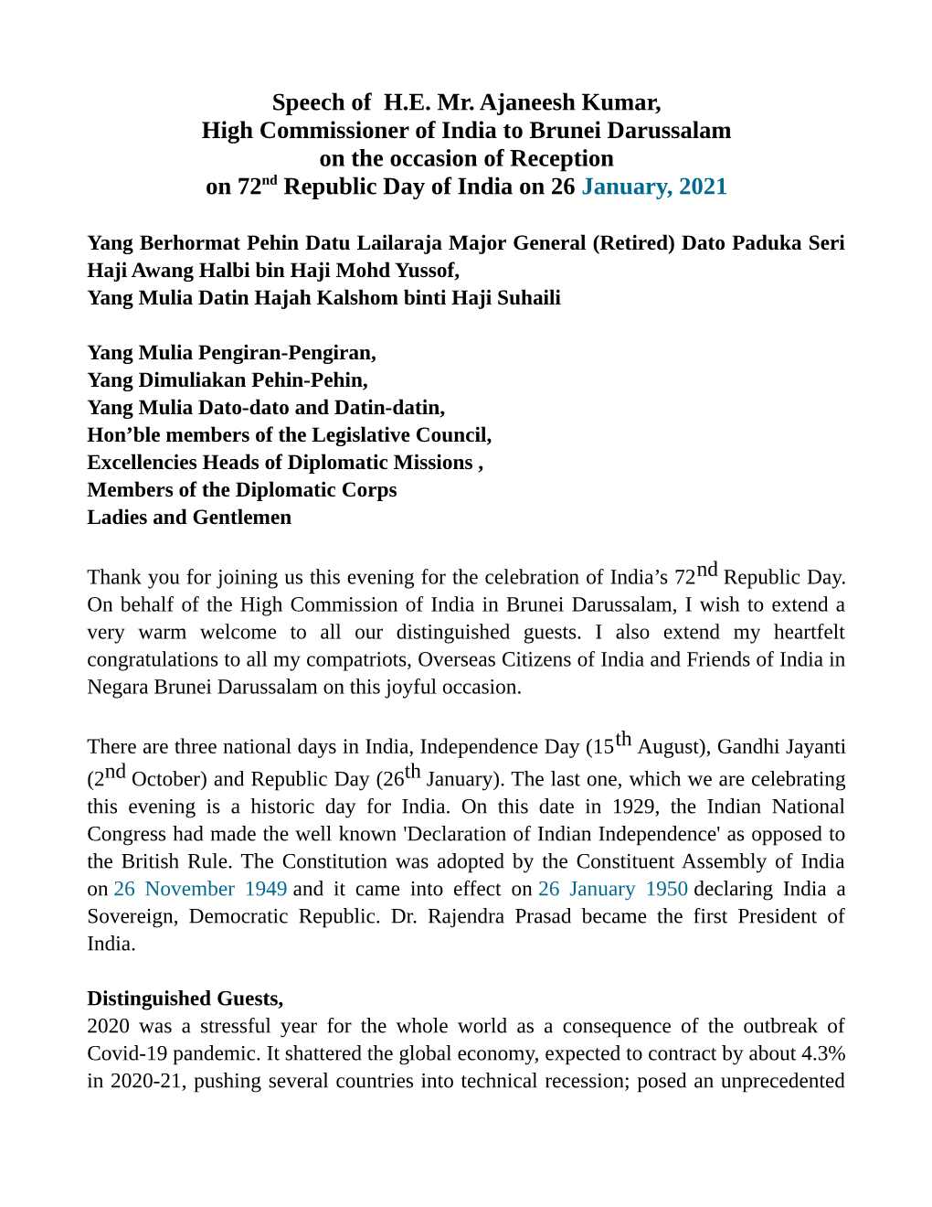 Speech of H.E. Mr. Ajaneesh Kumar, High Commissioner of India to Brunei Darussalam on the Occasion of Reception on 72Nd Republic Day of India on 26 January, 2021