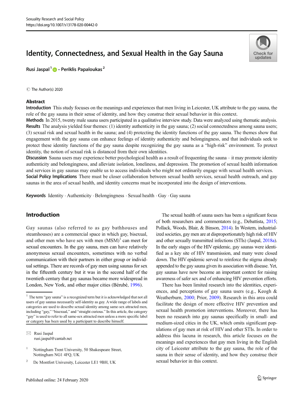 Identity, Connectedness, and Sexual Health in the Gay Sauna