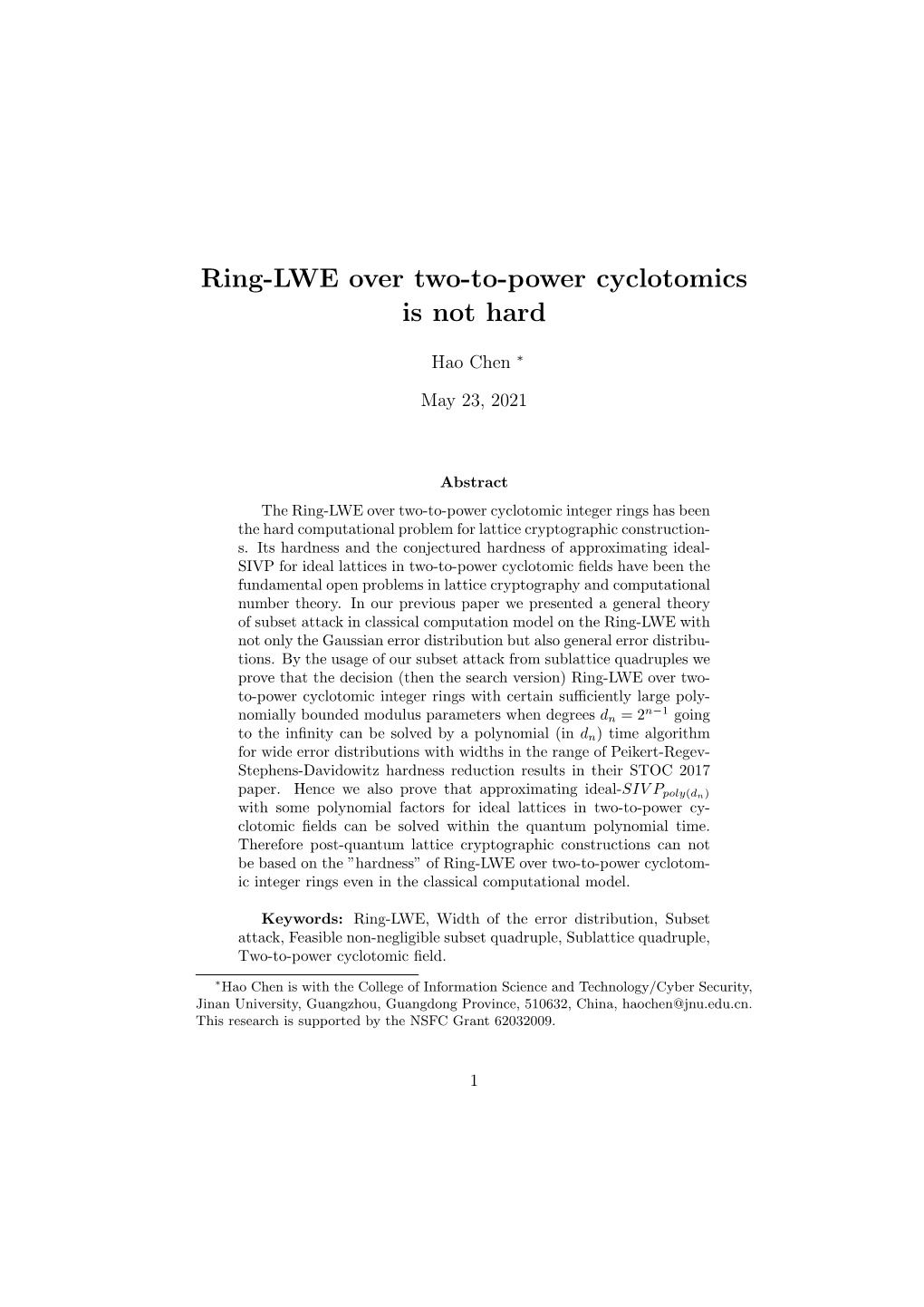 Ring-LWE Over Two-To-Power Cyclotomics Is Not Hard