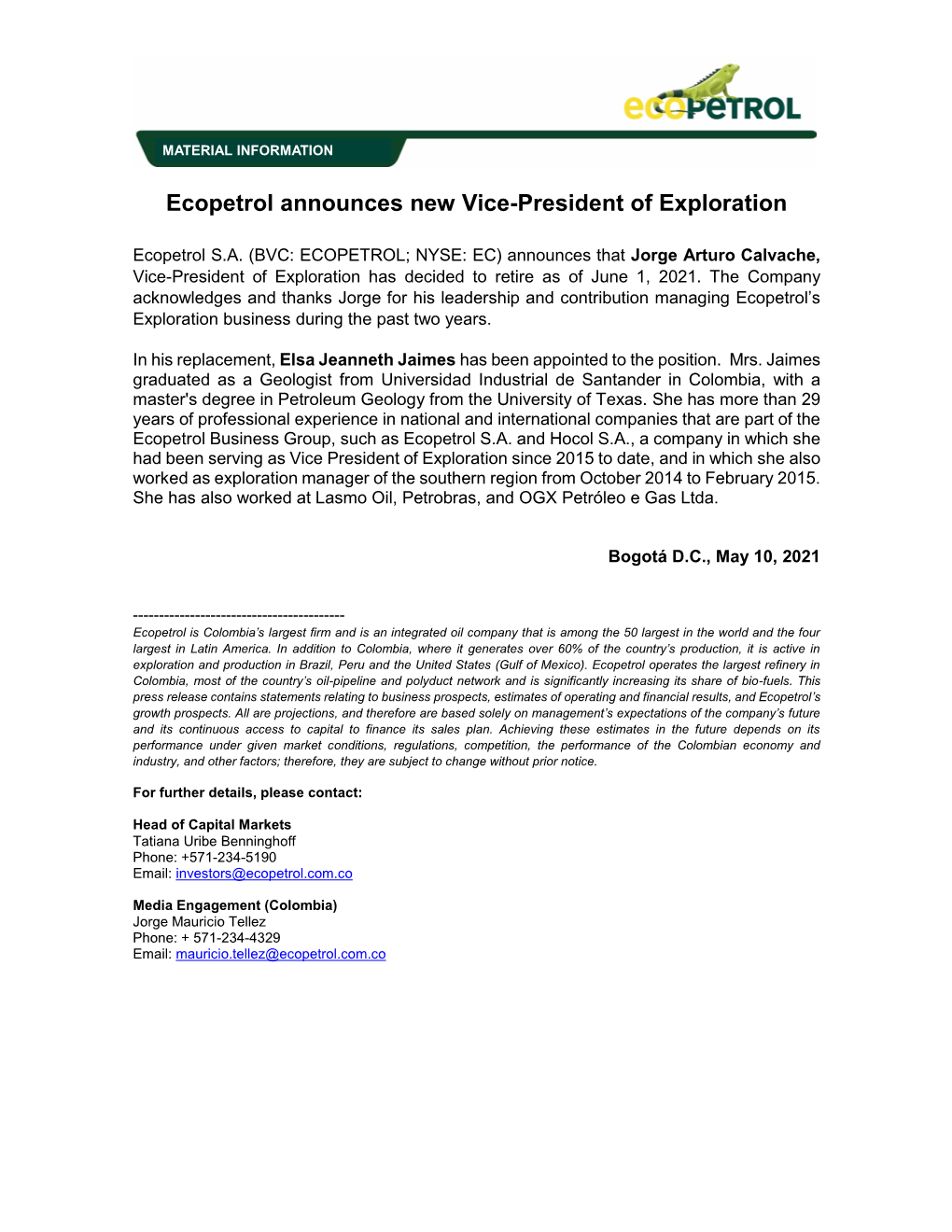 Ecopetrol Announces New Vice-President of Exploration