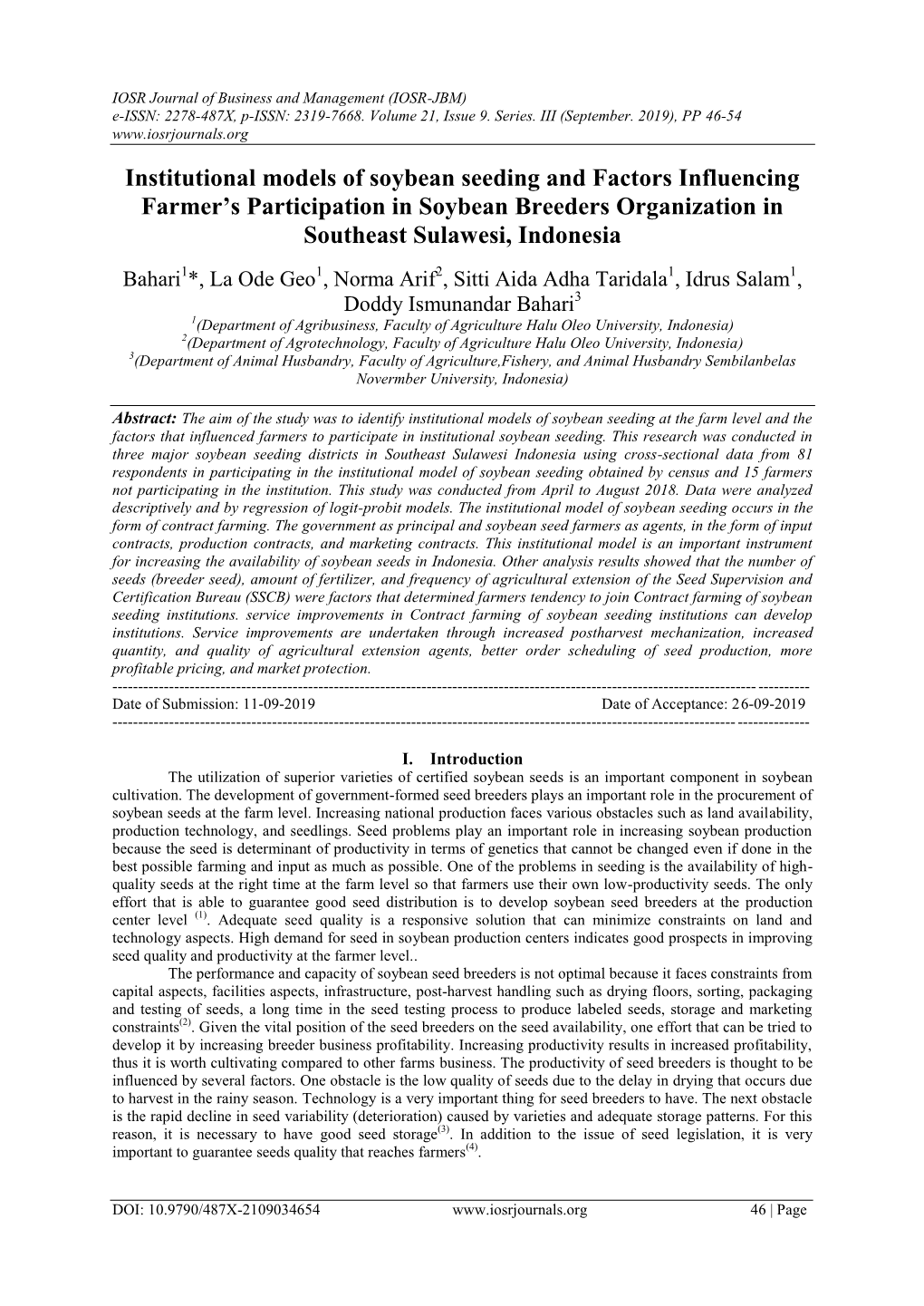 Institutional Models of Soybean Seeding and Factors Influencing Farmer’S Participation in Soybean Breeders Organization in Southeast Sulawesi, Indonesia