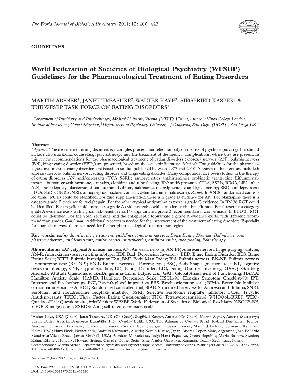 (WFSBP) Guidelines for the Pharmacological Treatment of Eating Disorders