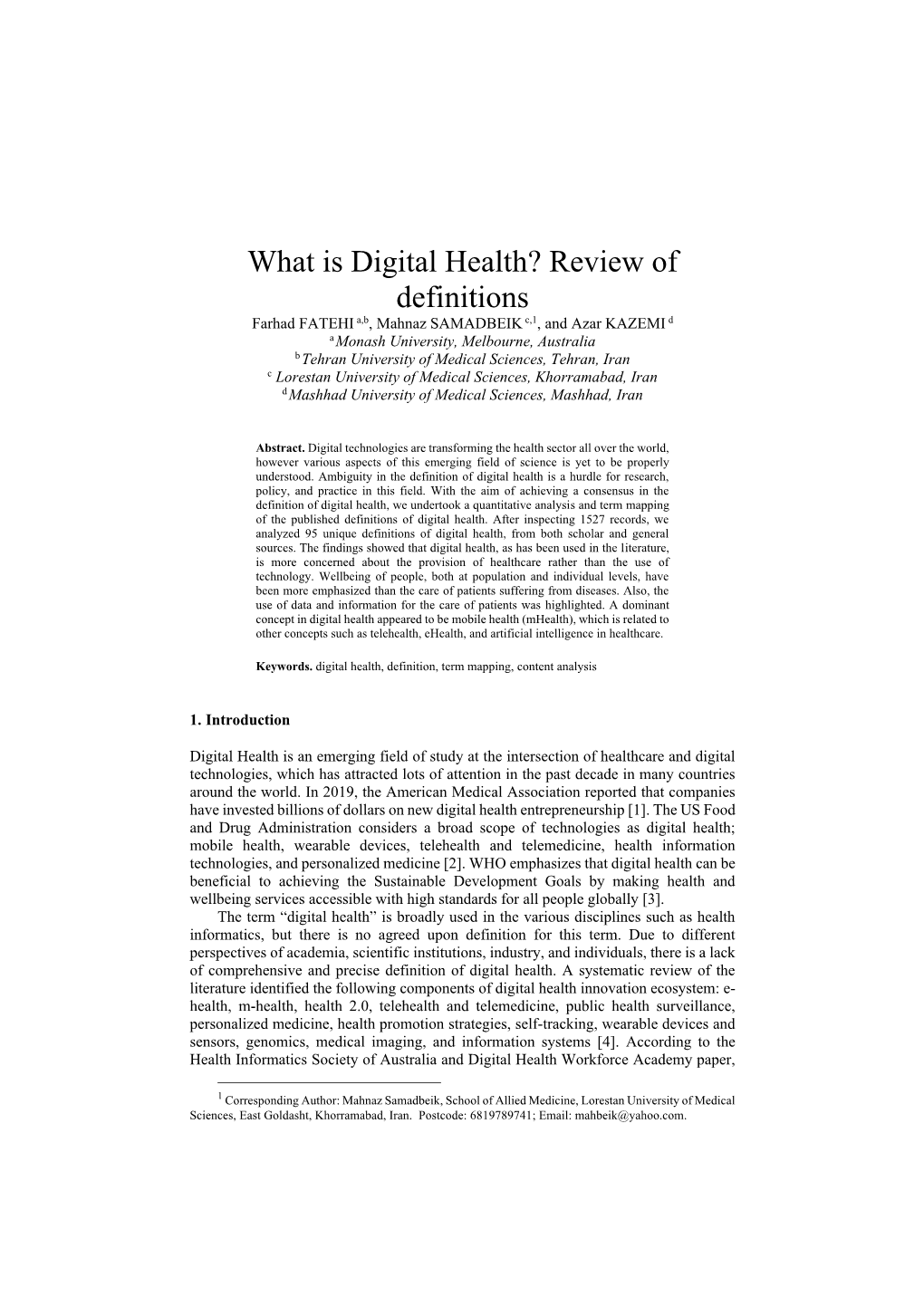 What Is Digital Health? Review of Definitions