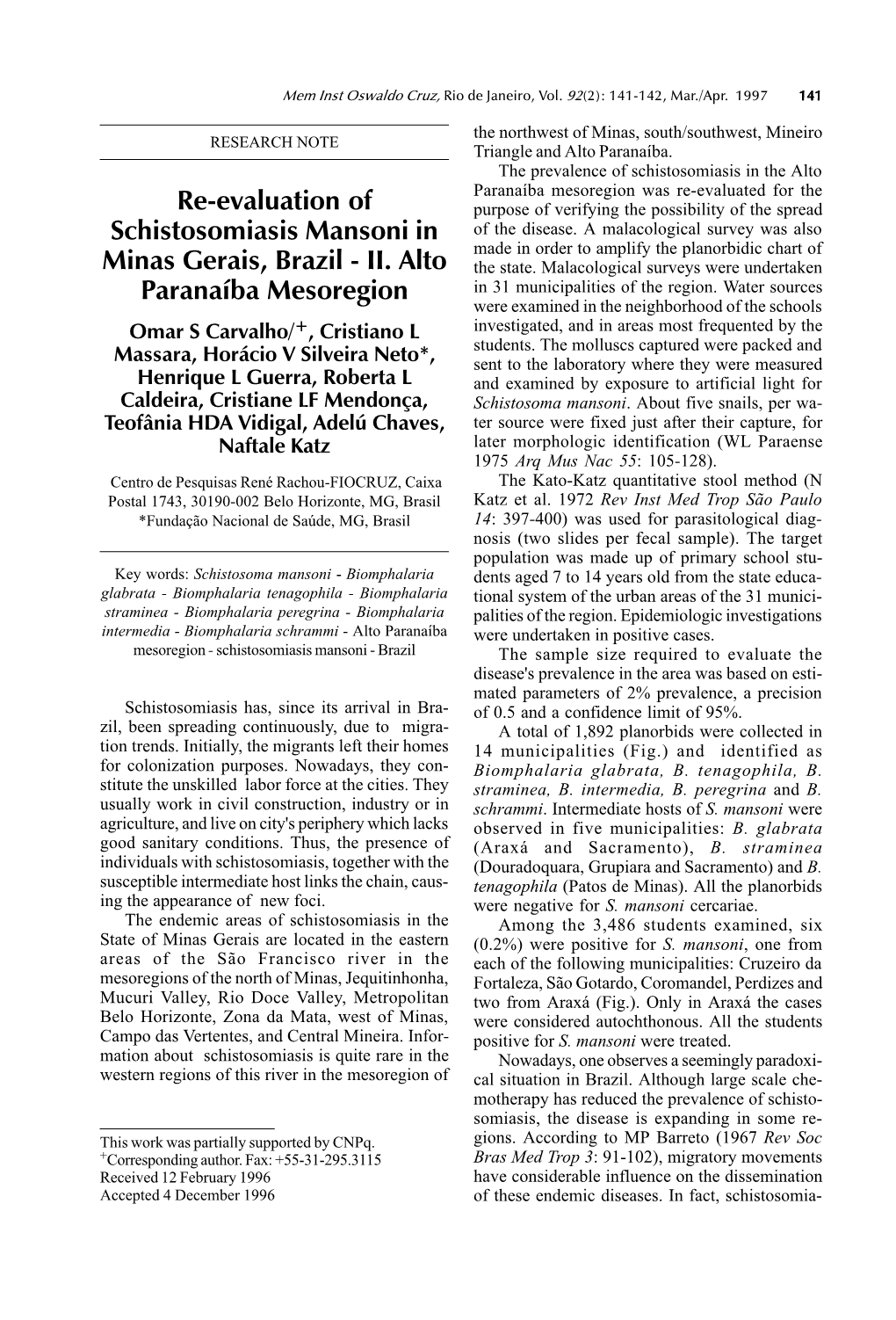 Re-Evaluation of Schistosomiasis Mansoni in Minas Gerais, Brazil